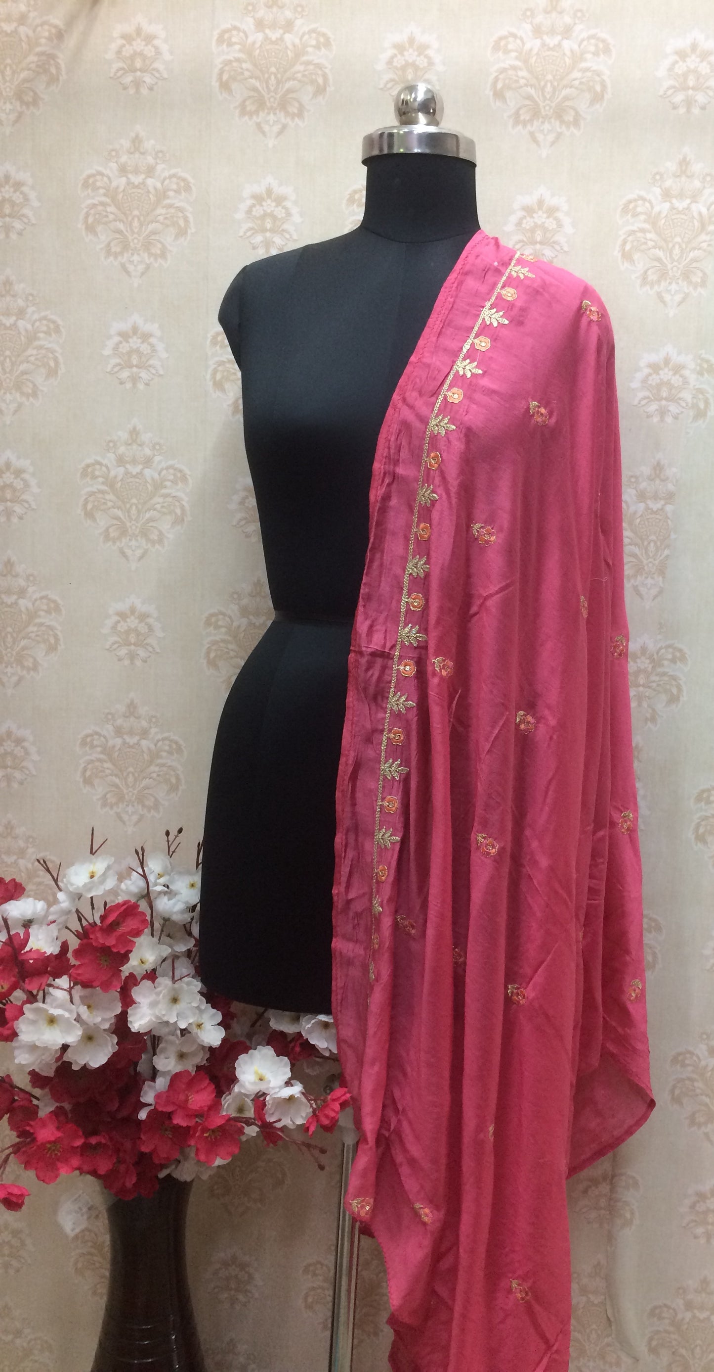Rose Pink Dupatta with Gold Work