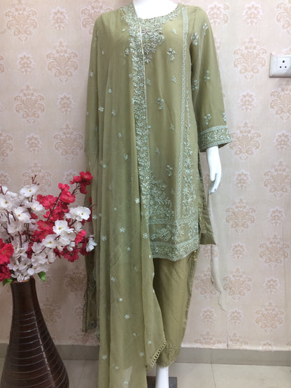 Elegant Olive Green Chiffon Salwar Kameez Suit with Tone-on-Tone Chikankari Style Embroidery - Ready to Wear dress