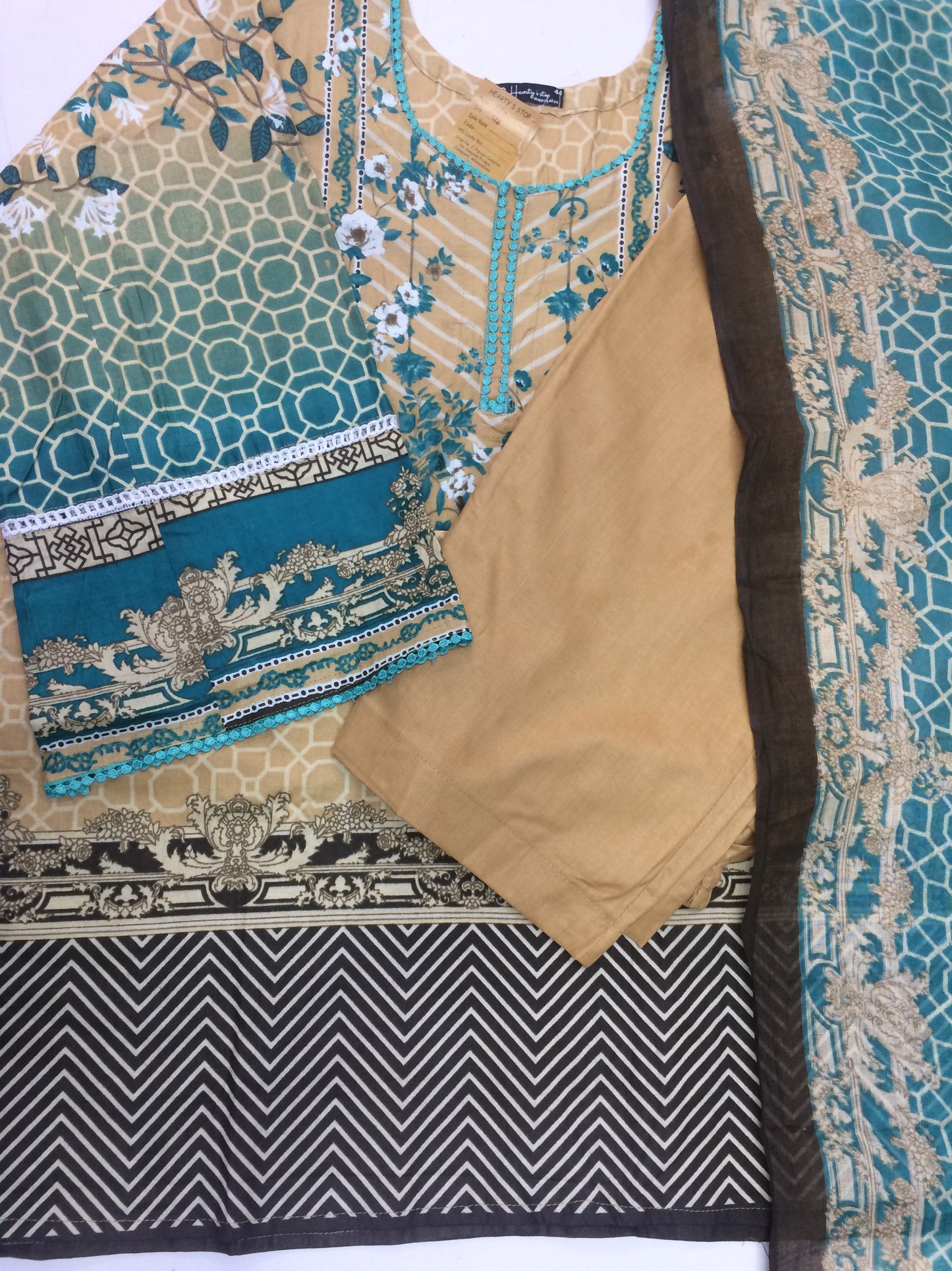 Vibrant Teal & Beige Pakistani Stitched Cotton Suit