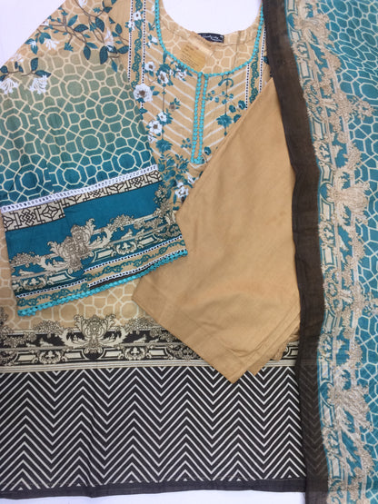 Vibrant Teal & Beige Pakistani Stitched Cotton Suit