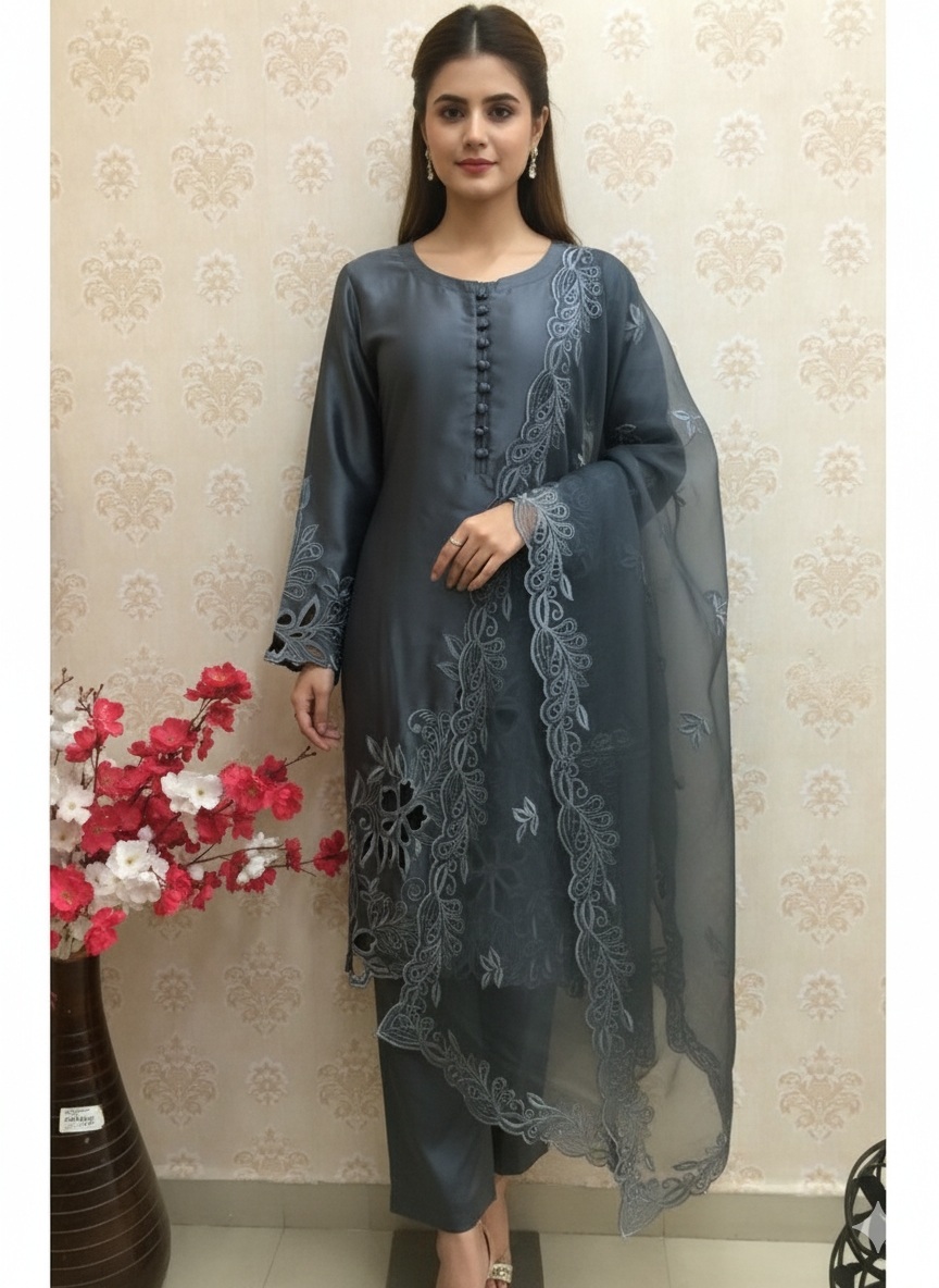 Grey and navy blue Cutwork Embroidered Silk Kurta Set with Organza Dupatta