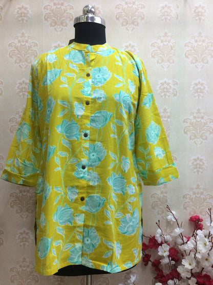Bright Yellow Floral Print Cotton Tunic