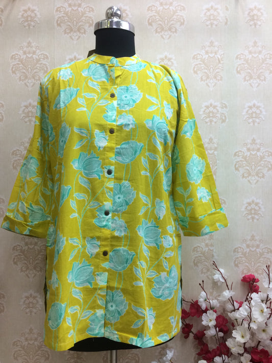 Bright Yellow Floral Print Cotton Tunic