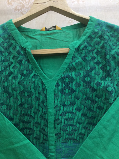 Emerald Green Cotton Kurti with Embroidered Yoke