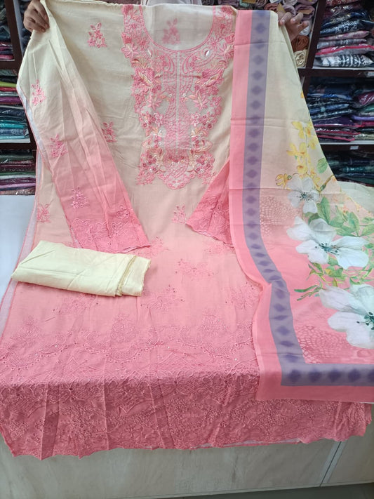 Chikankari Unstitched Suit Set with Floral Digital Print Dupatta