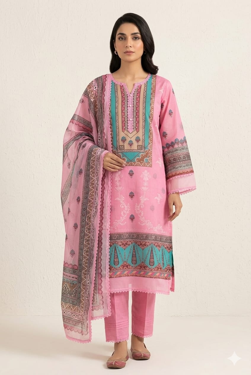 Nofia Mausummery printed lawn pink and turquoise