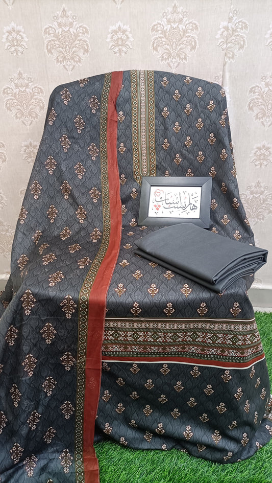 Bin Saeed Unstitched Printed Lawn 3-Piece Suit – Charcoal Grey & Earthy Rust