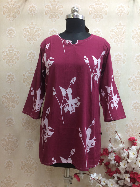 Maroon & White Floral Print Cotton Short Kurti/Tunic