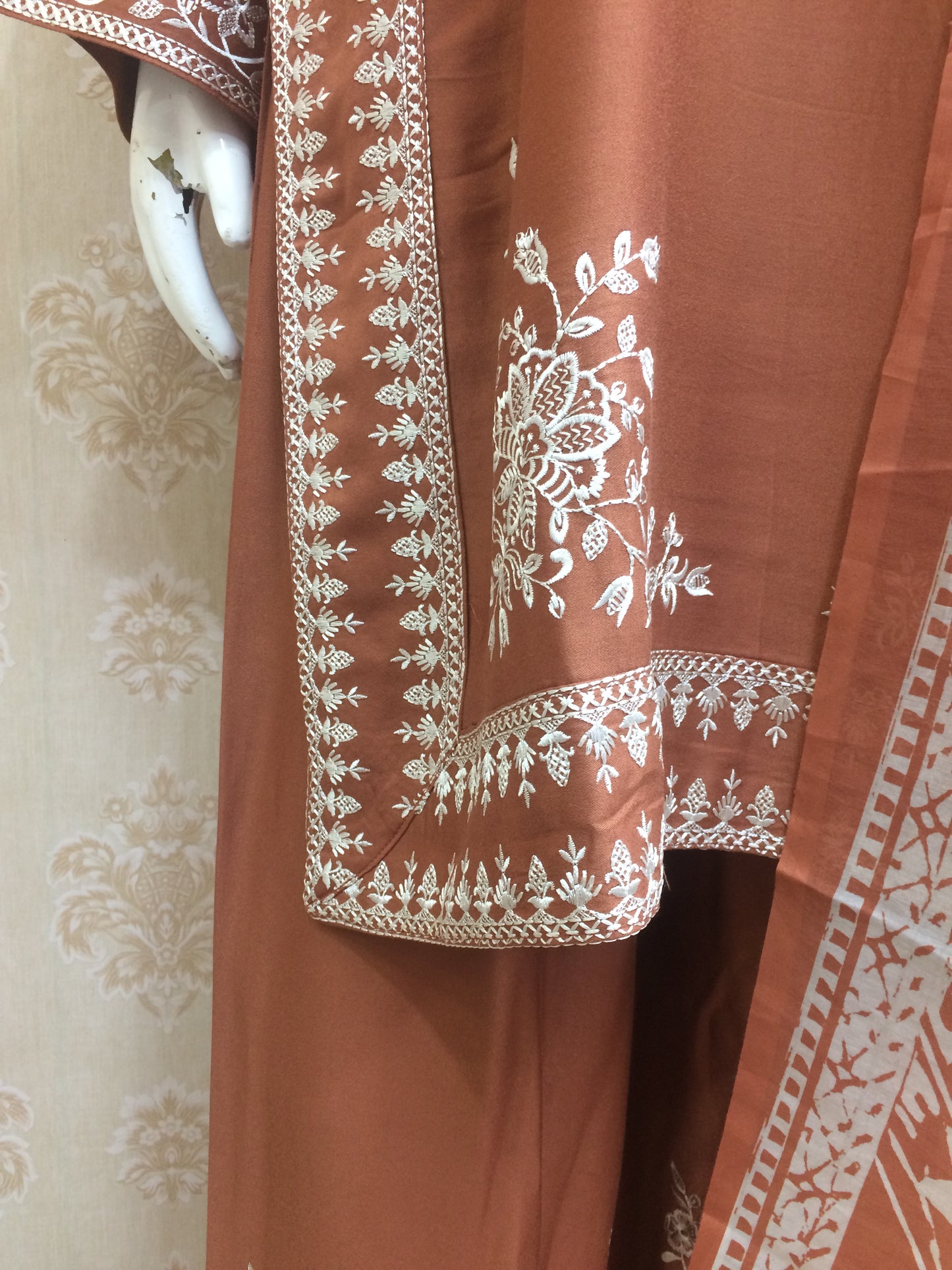 Elegant Embroidered rust and brown rayon Suit Set with Printed Dupatta