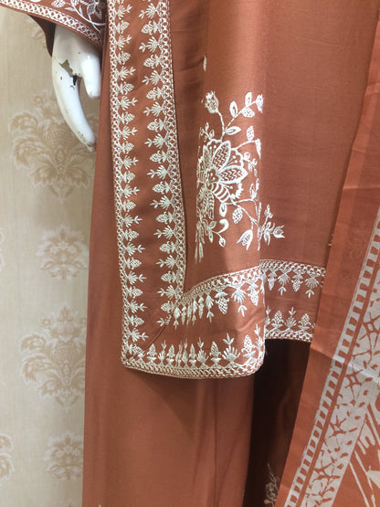 Elegant Embroidered rust and brown rayon Suit Set with Printed Dupatta
