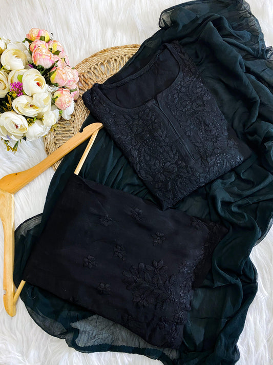 Sidra Black Lucknowi Chikankari Set