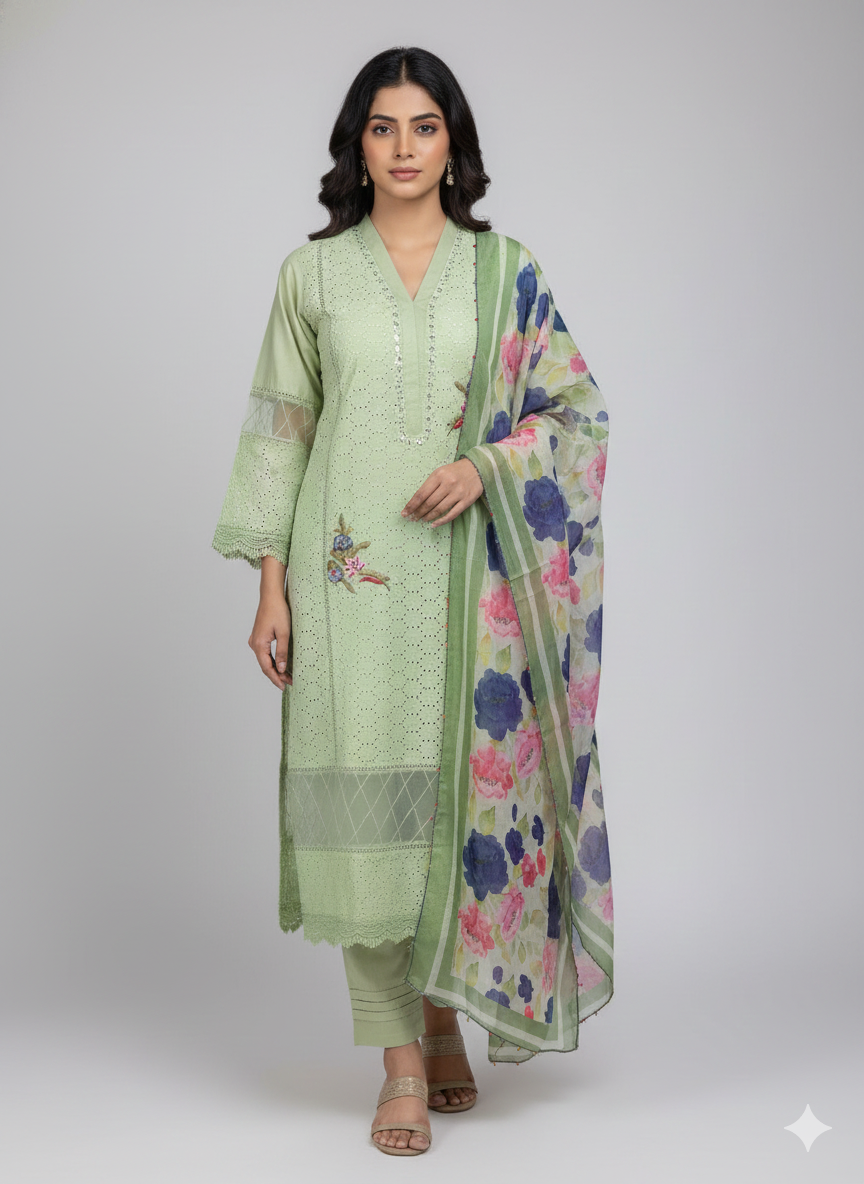 Pakistani chiffon dupatta mint green and sky blue