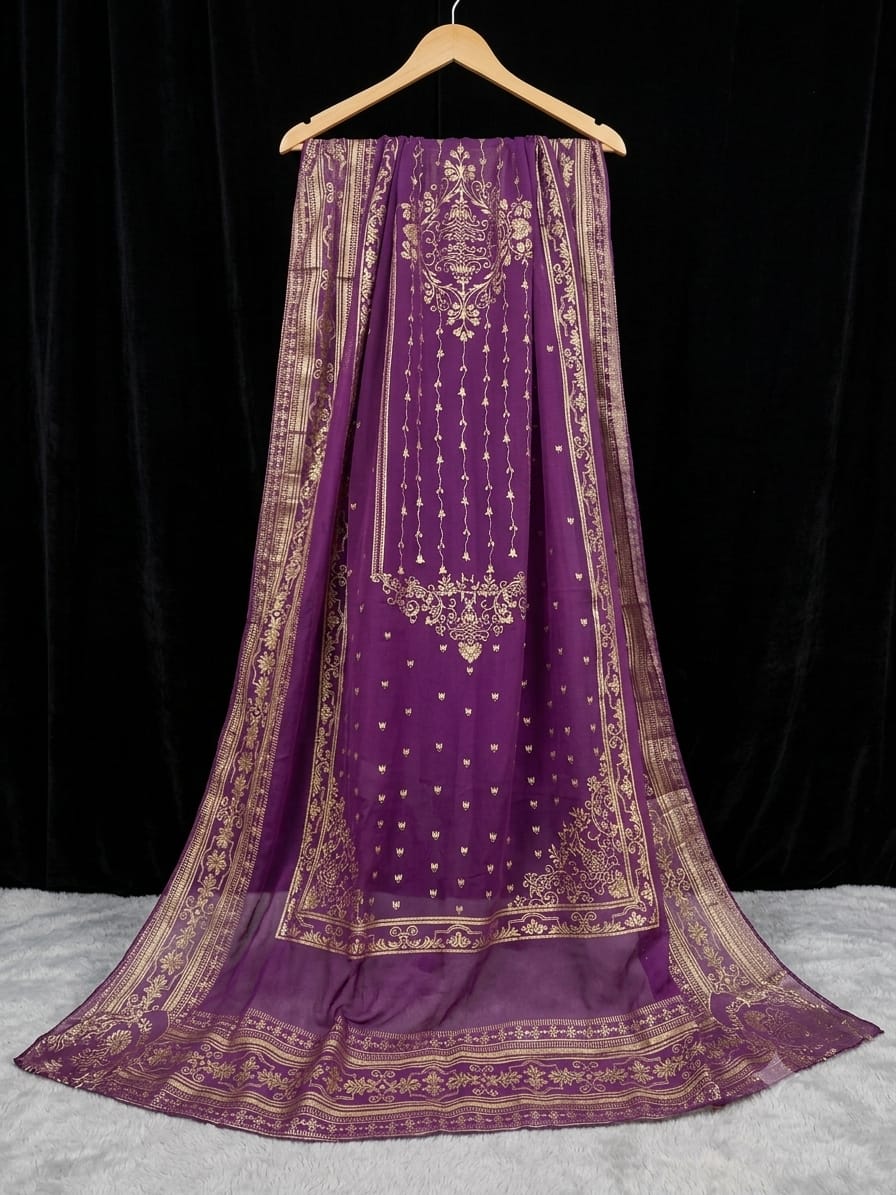 Georgette purple dupatta with golden foil print