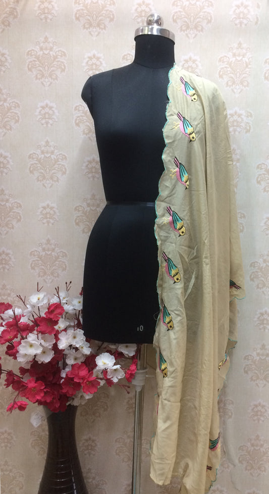 Beige Cotton Dupatta with Multi-Color Bird Embroidery
