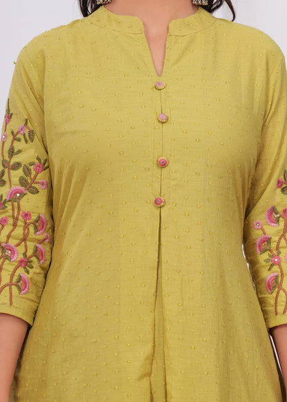 Roohina Lime Green A-Line Embroidered Suit Set