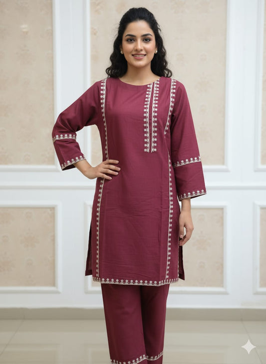 Elegant Maroon Cotton Two-Piece Suit with Border Detailing
