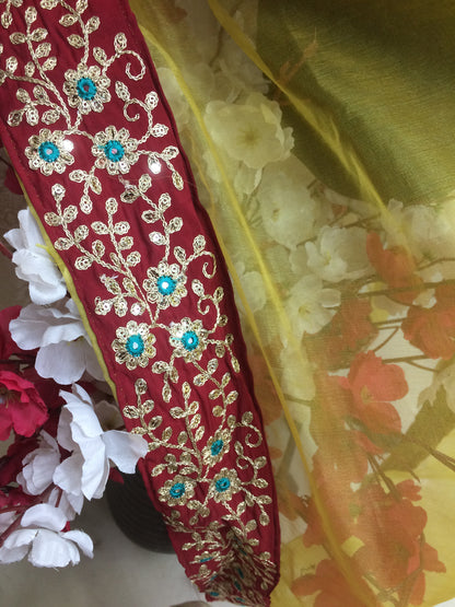 Yellow Organza Dupatta with Maroon & Turquoise Embroidered Border