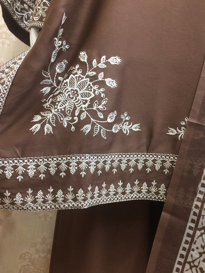 Elegant Embroidered rust and brown rayon Suit Set with Printed Dupatta