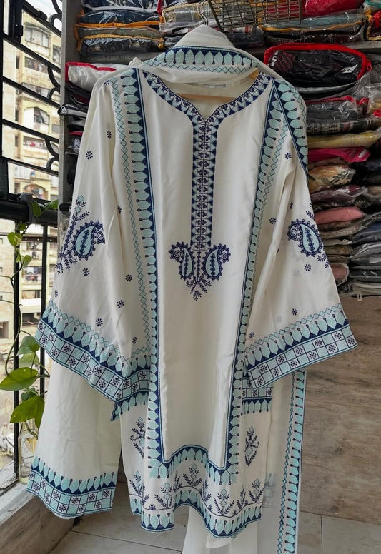 Elegant White & Azure Embroidered Kurta Set with Dupatta