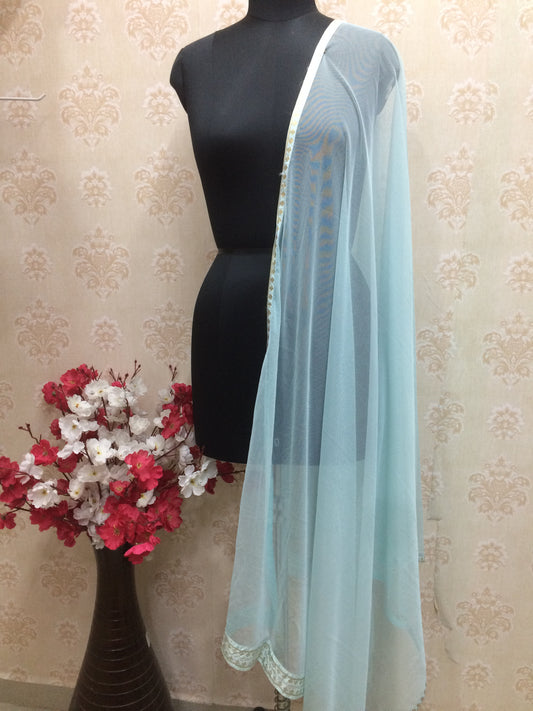 Net Dupatta in Pastel Aqua Blue with Delicate Lace Trim