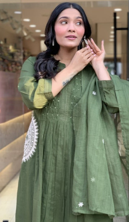 Kulsum Green Embroidered A-Line Kurta Set