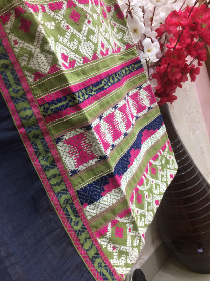 Handloom Style Cotton Kurti Ikat Inspired Print - Pink & Navy Blue