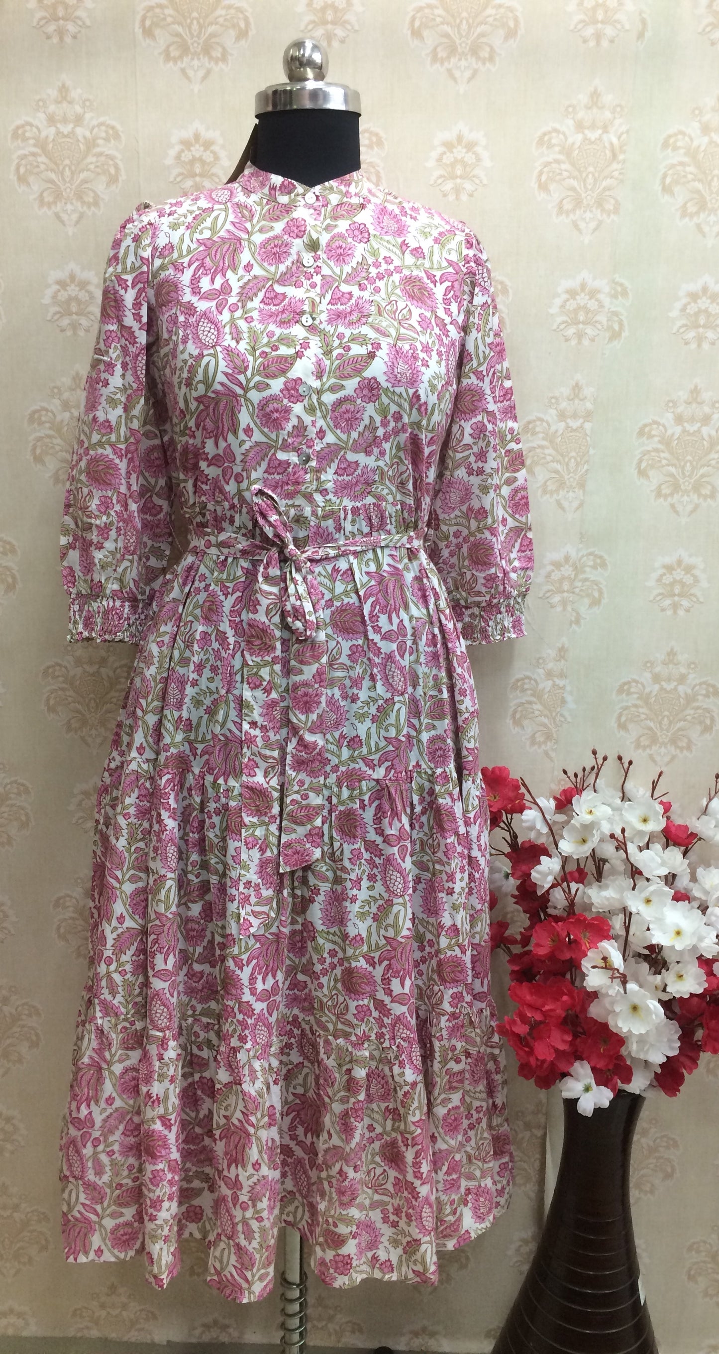 Pink Floral Print Flared Cotton Kurta with Tie-Up Belt