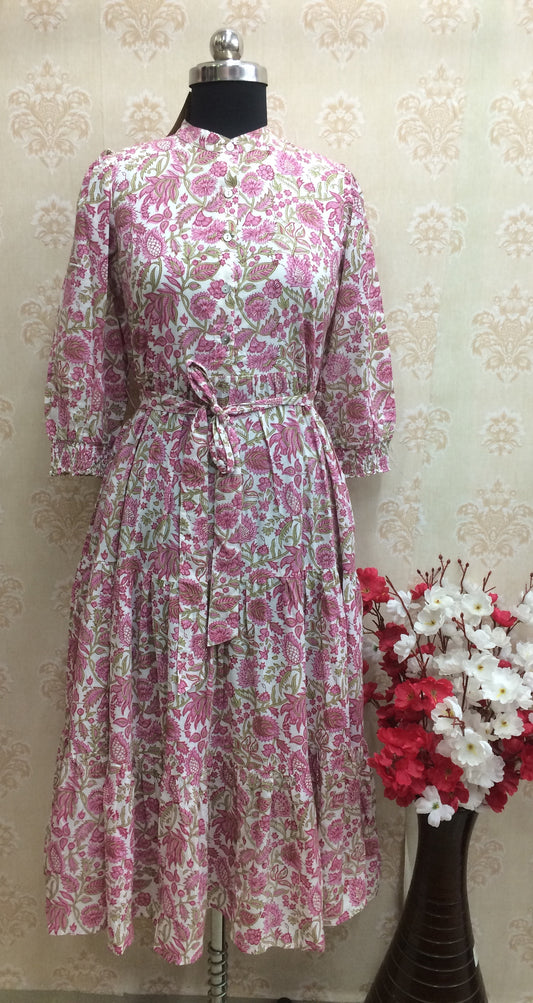Pink Floral Print Flared Cotton Kurta with Tie-Up Belt