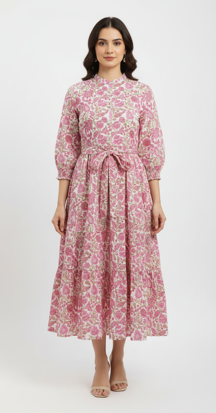 Pink Floral Print Flared Cotton Kurta with Tie-Up Belt