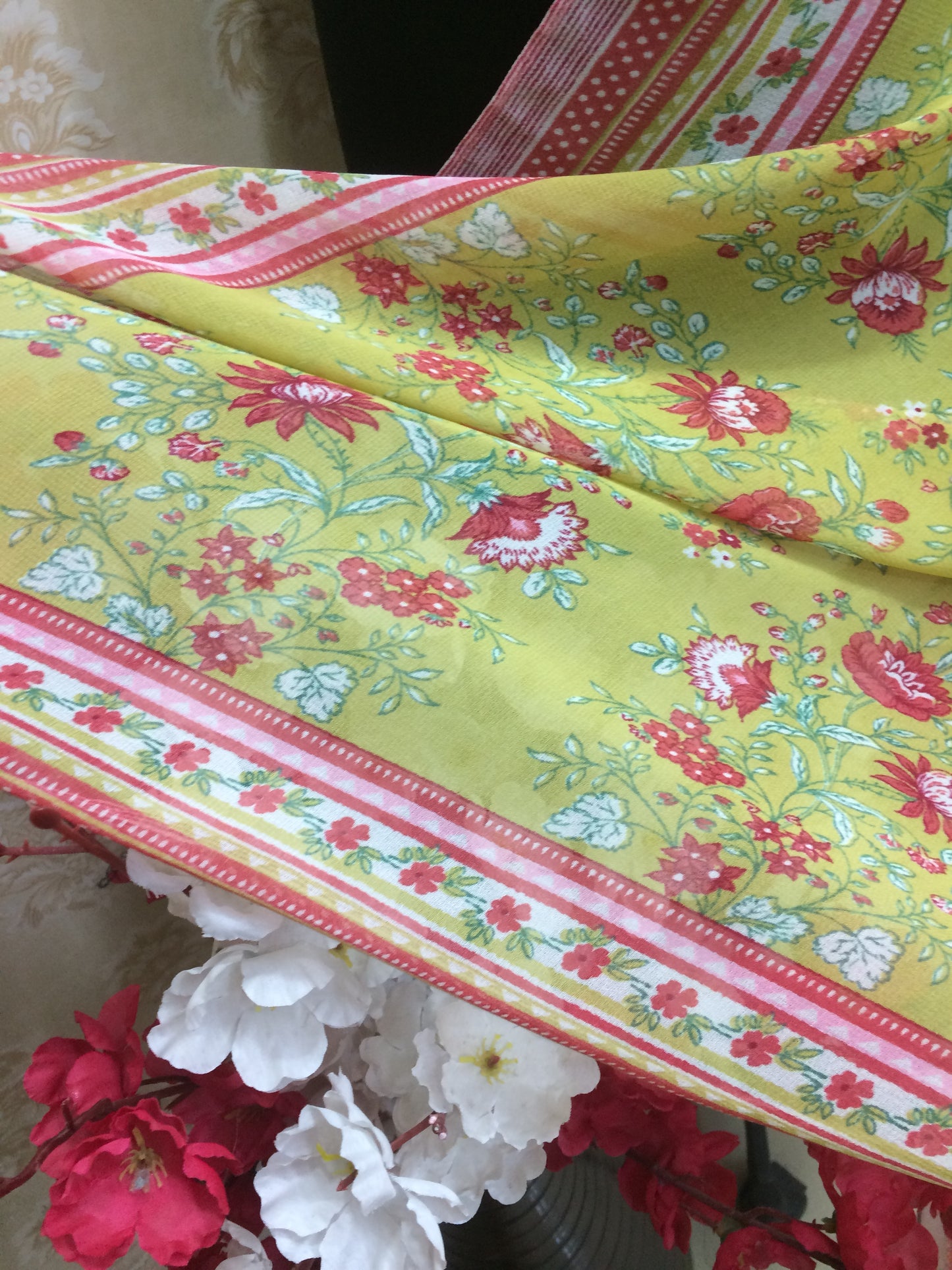 Lime Green Floral Print Chiffon Dupatta with Pink Border