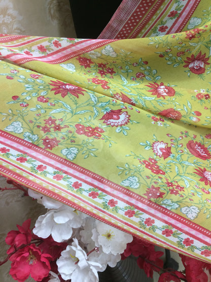 Lime Green Floral Print Chiffon Dupatta with Pink Border