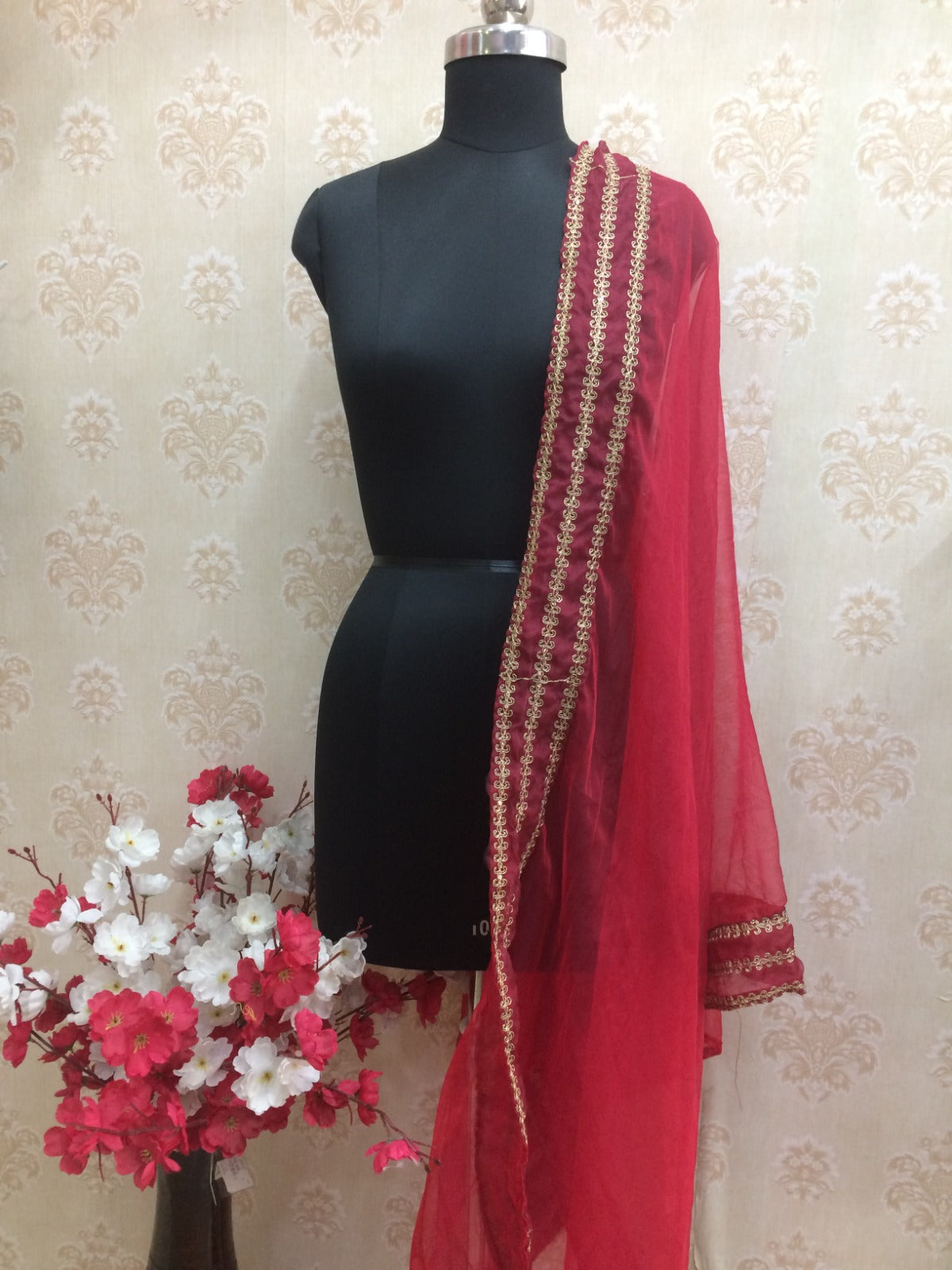 Festive Red Organza Dupatta with Heavy Gold Embroidered Border