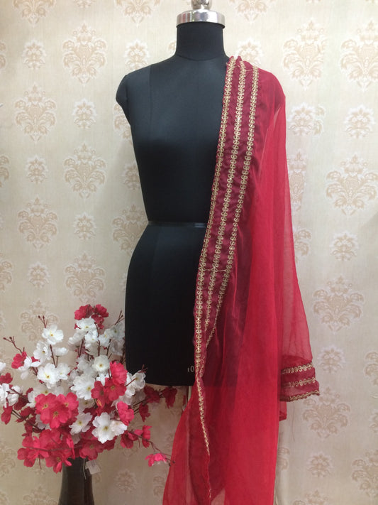Festive Red Organza Dupatta with Heavy Gold Embroidered Border