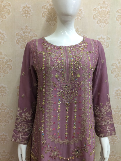 Luxury Plum Purple Heavily Embroidered Chiffon Salwar Kameez Suit with Sequin Work - Ready to Wear Designer Party Dress