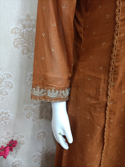 Rust Orange Embroidered Cotton Kurta Set with Dupatta