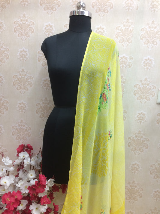 Bright Yellow Floral Printed Chiffon Dupatta