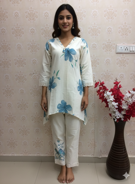 Azura Off-white And Sea green Floral Cord Set