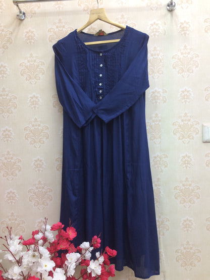 Navy Blue Rayon Kurti with Pleated Yoke