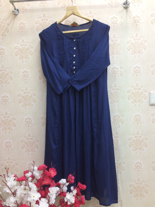 Navy Blue Rayon Kurti with Pleated Yoke