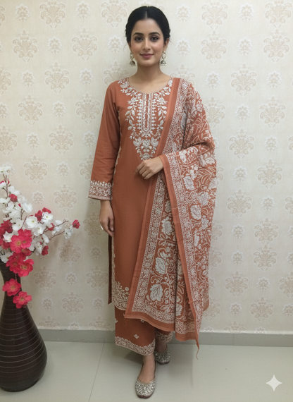 Elegant Embroidered rust and brown rayon Suit Set with Printed Dupatta