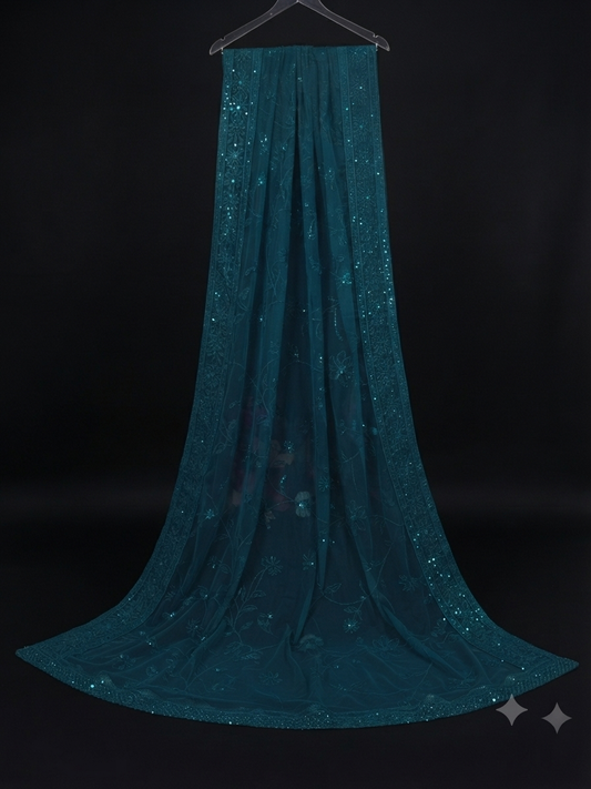 Peacock blue georgette heavy dupatta with embroidery work