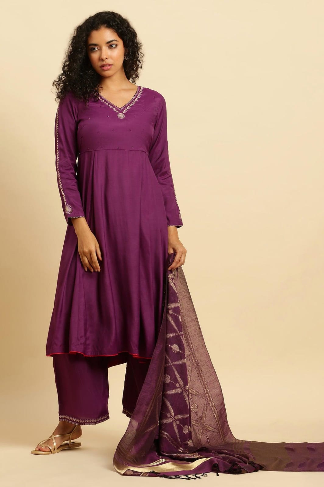 Elegant Purple Embellished Anarkali Suit Set with Woven Dupatta
