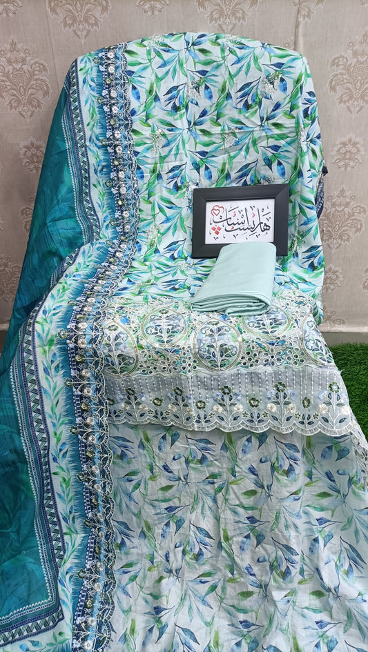 Bin Saeed unstitched embroidered aqua blue