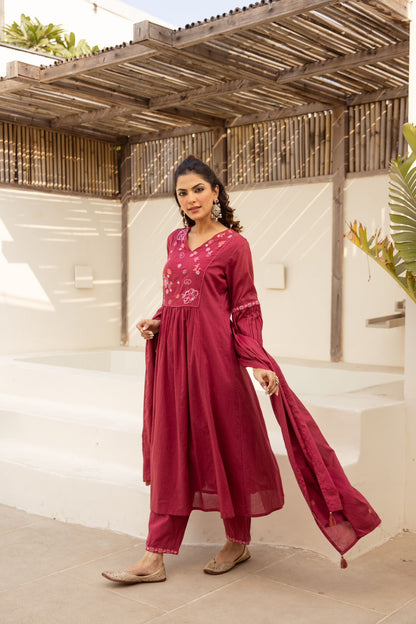 Deep wine embroidered anarkali set