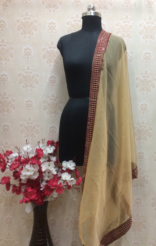 Golden Yellow Organza Dupatta with Maroon Sequin Border Work