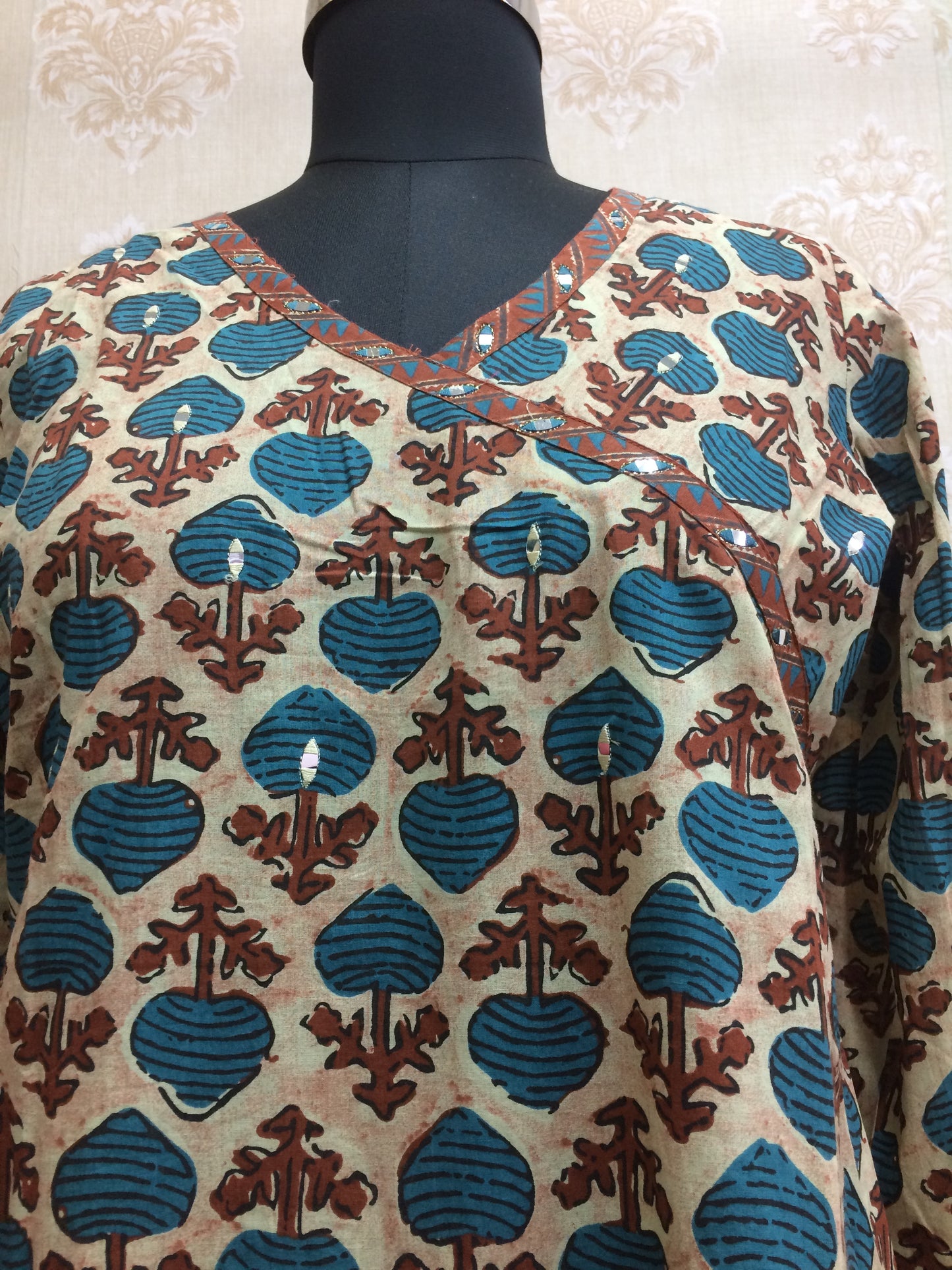Beige & Blue Floral Block Print Cotton Kurti
