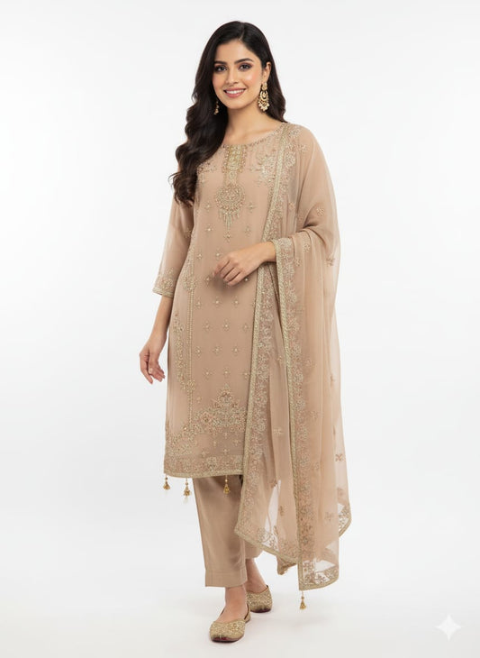 Elegant Nude Beige Embroidered Chiffon Salwar Kameez Suit with Heavy Neckline Work