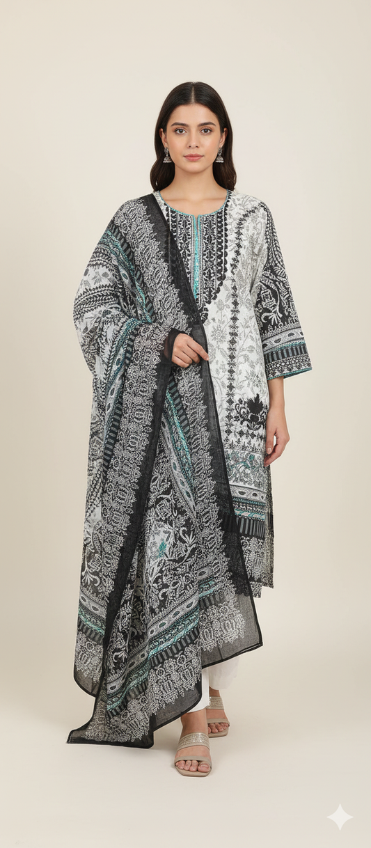Pakistani dress off white with black print