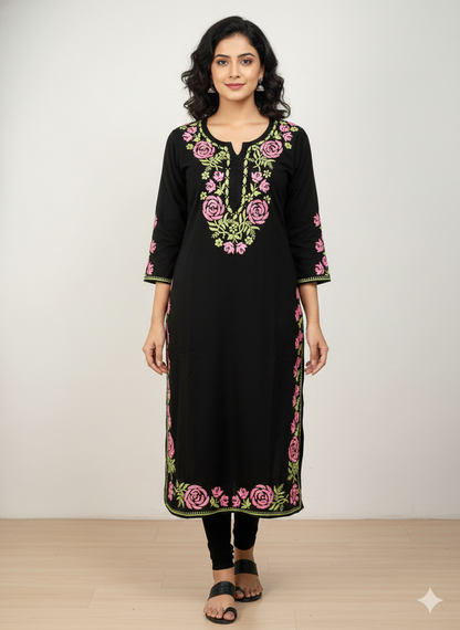 Kashmiri Aari Work Black Reyon Kurti - Elegant Floral Embroidery