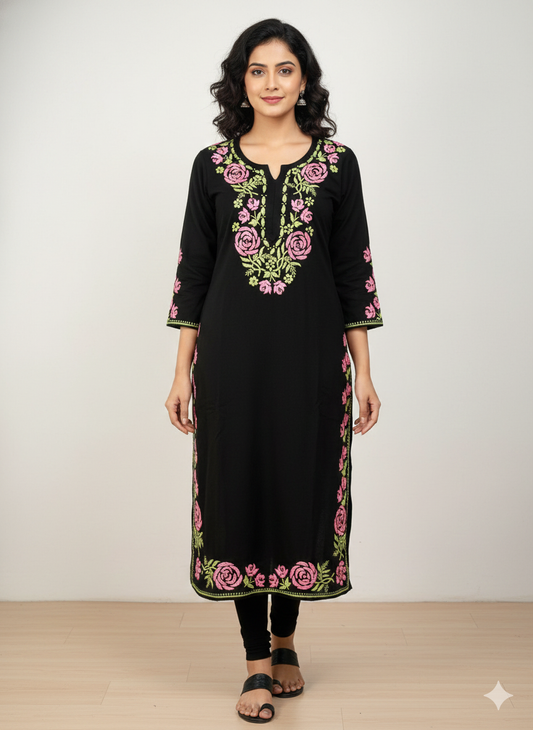 Kashmiri Aari Work Black Reyon Kurti - Elegant Floral Embroidery